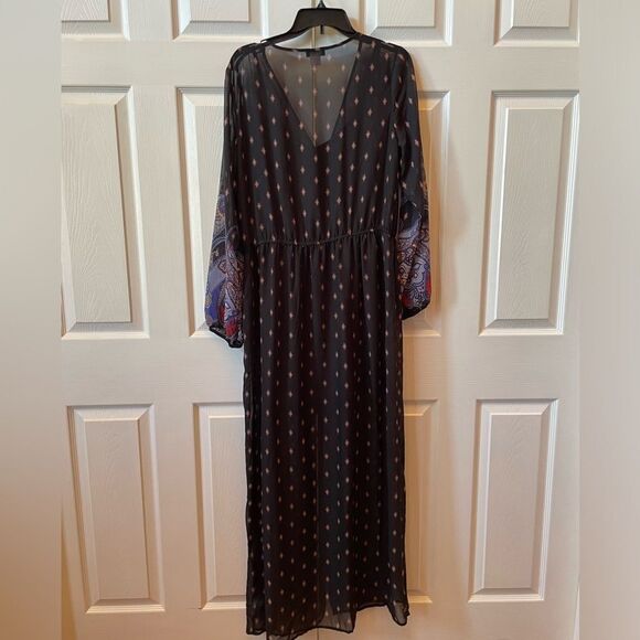2 PC DRESS SOLID BLACK SHEATH & MAXI FRONT BOTTON BLACK CHIFFON DUSTER XL - Picture 7 of 7